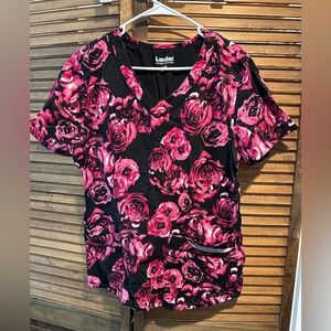 Women’s large black and pink rose scrub top landau